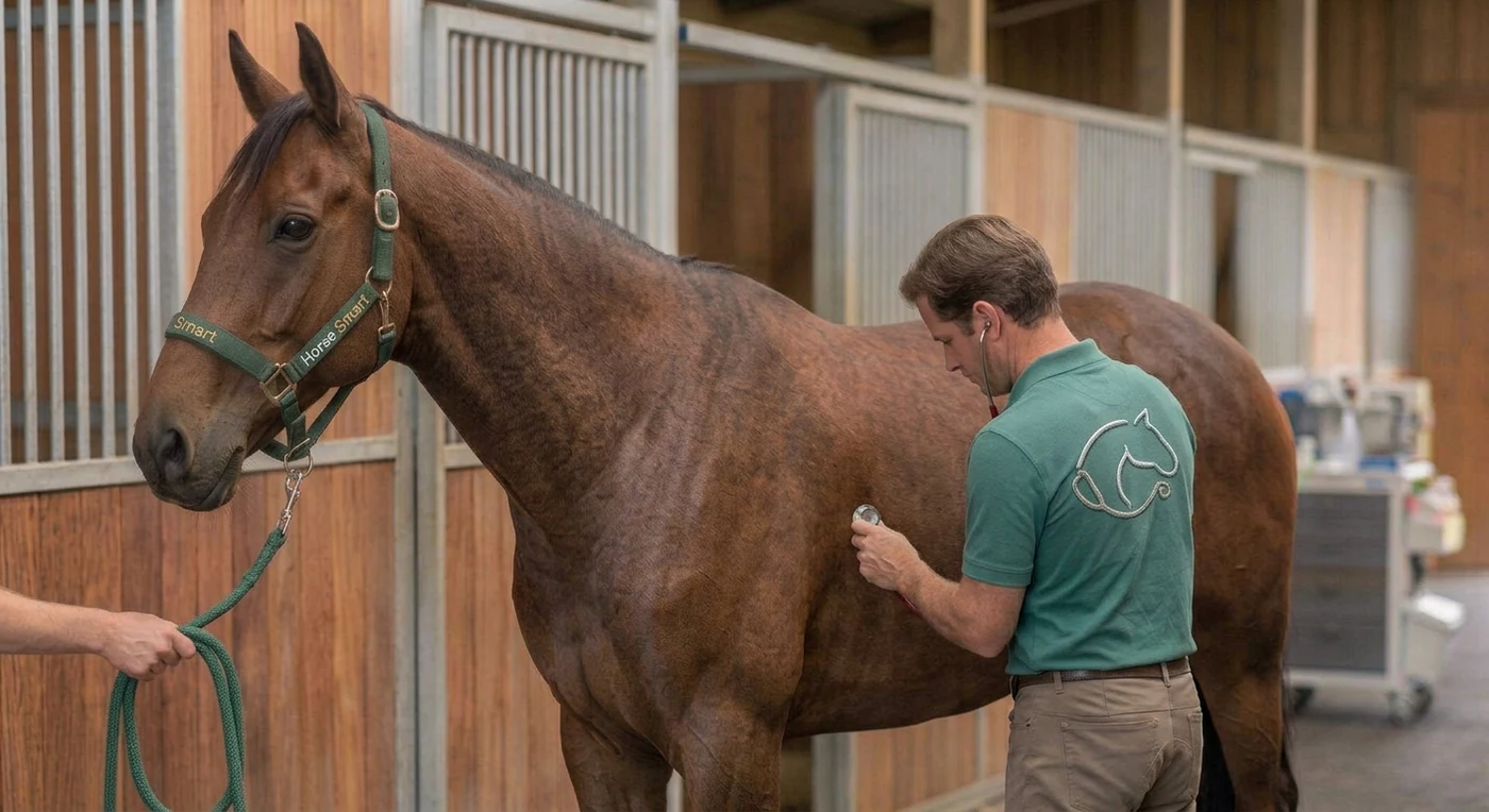 Veterinário auscultando um cavalo com estetoscópio